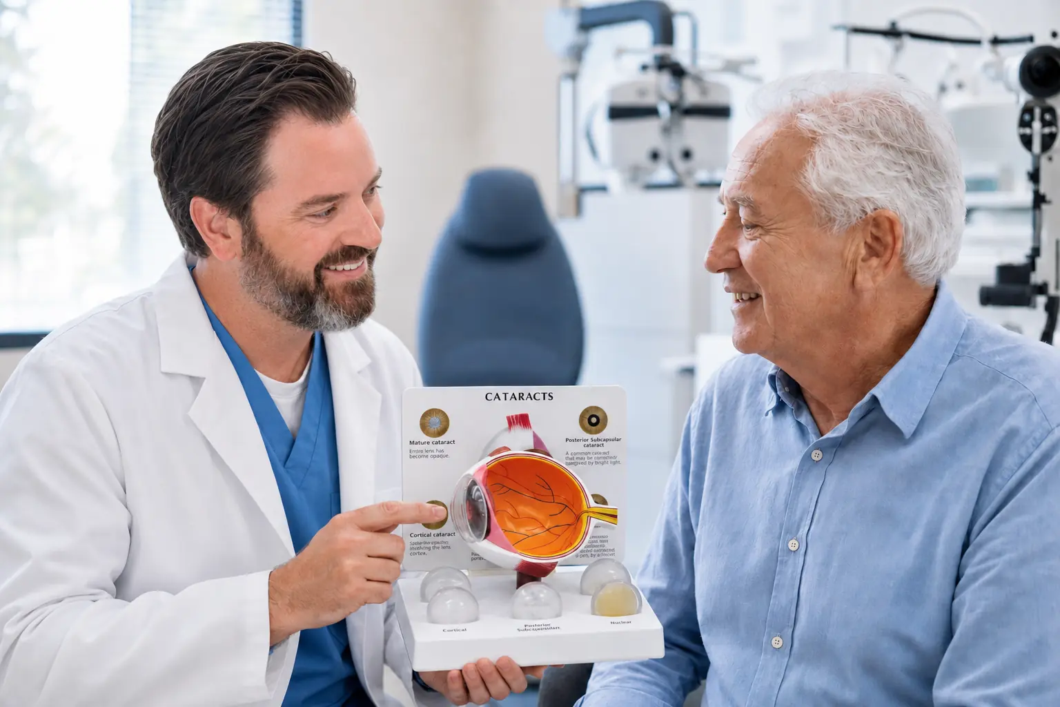 Dr. T. Hunter Newsom explaining cataract surgery to a patient at Newsom Eye