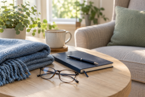 Notebook, eyeglasses, and a folded blanket on a table at home