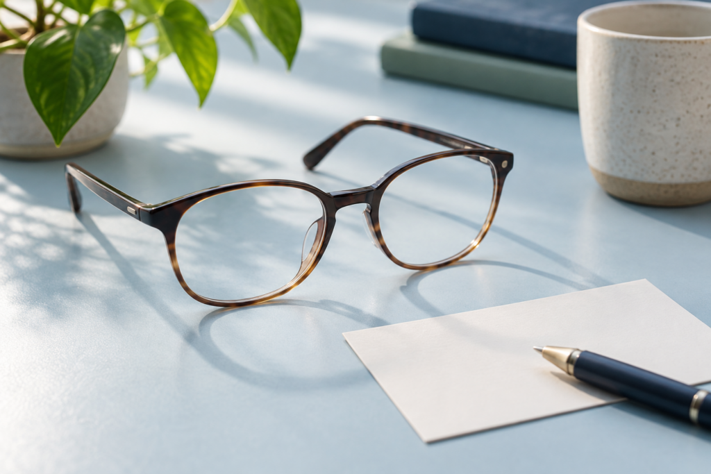 Eyeglasses beside a blank appointment card and pen