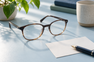 Eyeglasses beside a blank appointment card and pen
