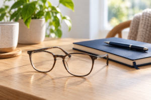 Eyeglasses beside a notebook and pen for consultation planning