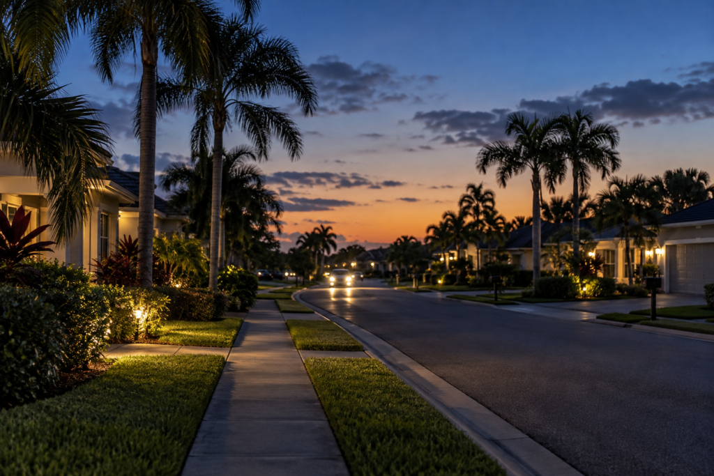 Car headlights along a palm-lined residential street at dusk