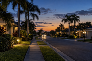 Car headlights along a palm-lined residential street at dusk