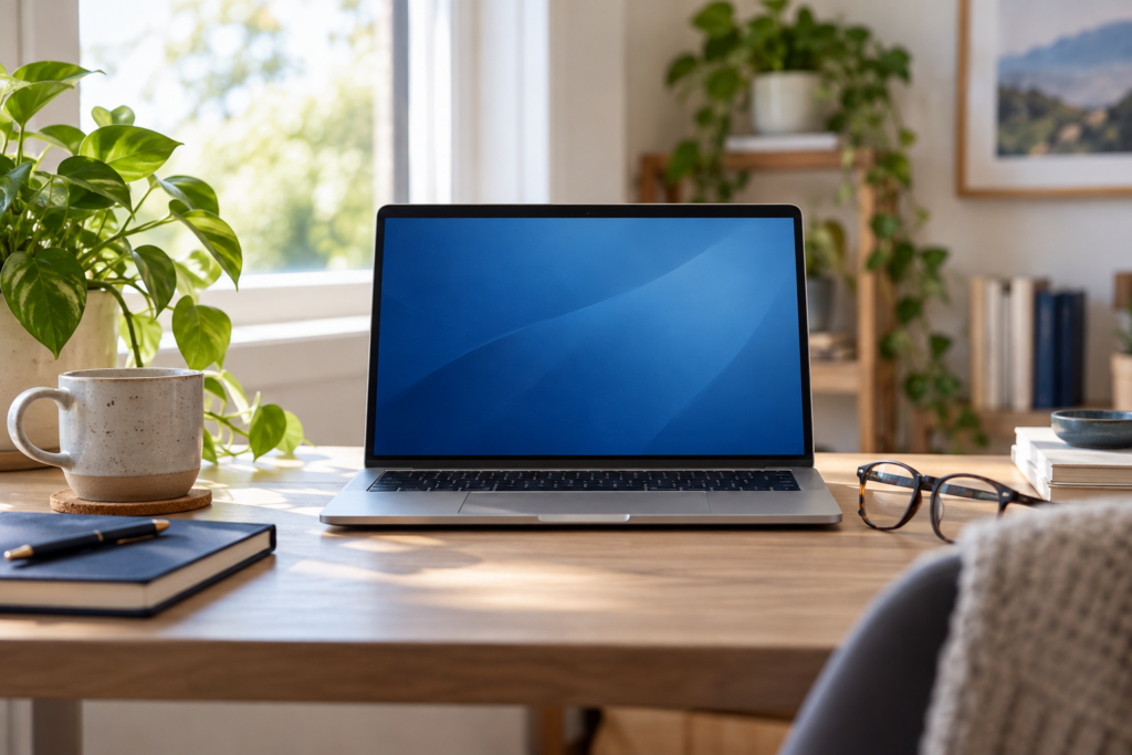 Laptop and eyeglasses on a naturally lit home desk